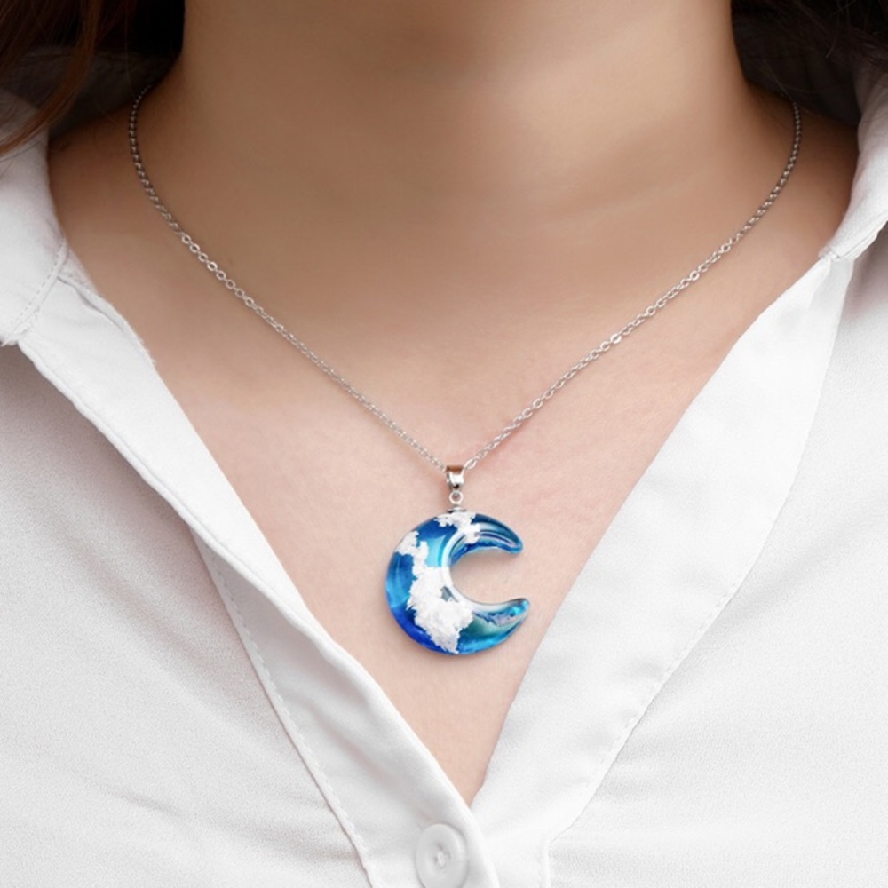 🎉 New Blue & White Crescent Moon and Clouds Necklace